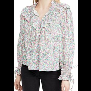 RIXO Floral Ruffle Collar Blouse in Pink, Green, Blue